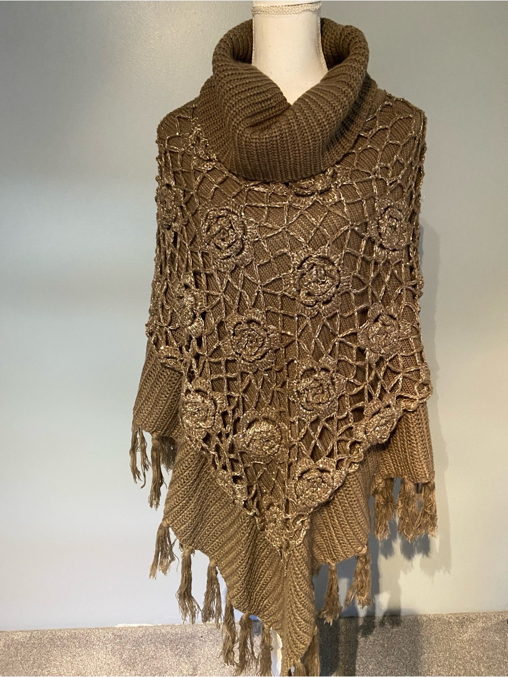 Cozy tan Crochet Tassel Poncho with Cowl Neck